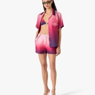 Aubergine Gradient Cuban Collar Short Sleeve Silk Shirt