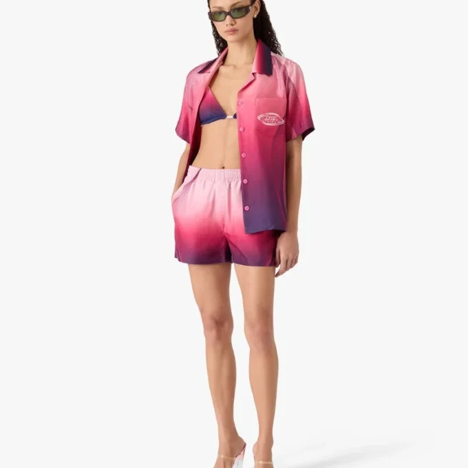 Aubergine Gradient Cuban Collar Short Sleeve Silk Shirt Aubergine Gradient Cuban Collar Short Sleeve Silk Shirt