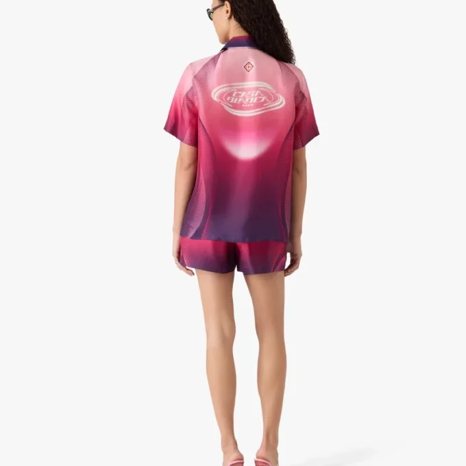 Aubergine Gradient Cuban Collar Short Sleeve Silk Shirt Aubergine Gradient Cuban Collar Short Sleeve Silk Shirt