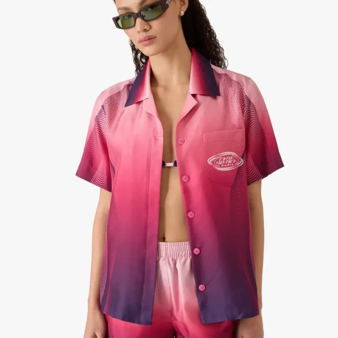 Aubergine Gradient Cuban Collar Short Sleeve Silk Shirt Aubergine Gradient Cuban Collar Short Sleeve Silk Shirt