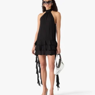 Black Georgette Double Ruffle Mini Dress