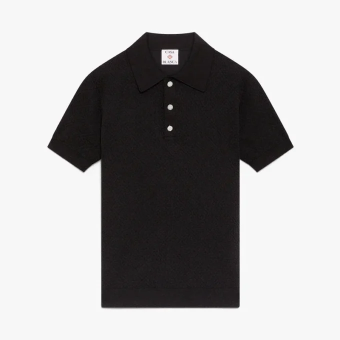 Black Pointelle Monogram Short Sleeve Polo Shirt