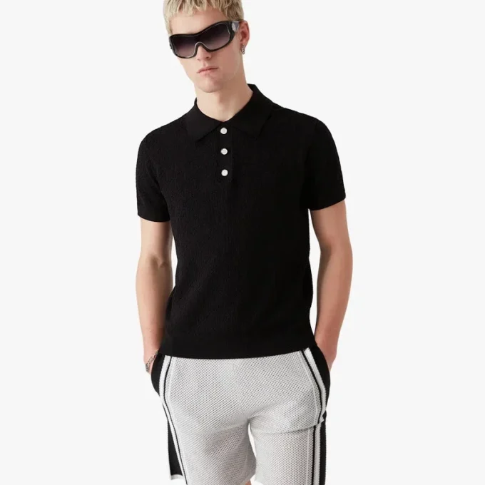 Black Pointelle Monogram Short Sleeve Polo Shirt