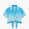 Blue Gradient Monogram Knotted Cropped Silk Shirt
