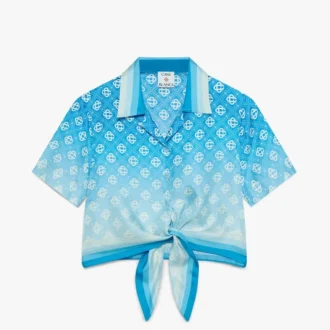Blue Gradient Monogram Knotted Cropped Silk Shirt