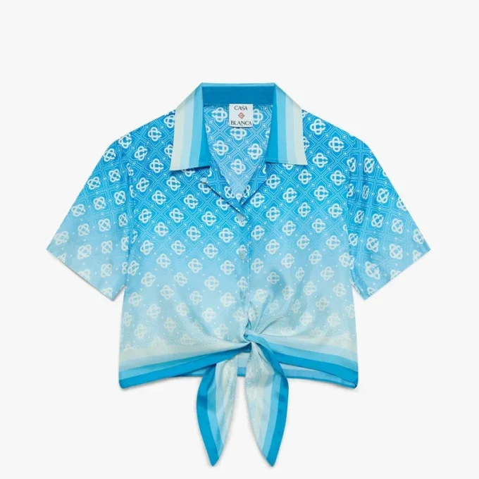 Blue Gradient Monogram Knotted Cropped Silk Shirt