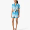 Blue Gradient Monogram Knotted Cropped Silk Shirt