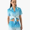 Blue Gradient Monogram Knotted Cropped Silk Shirt