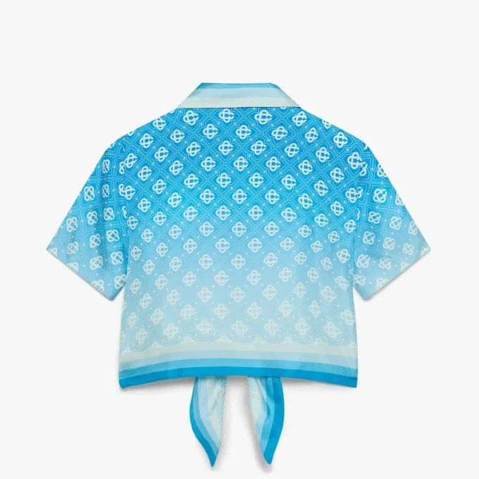 Blue Gradient Monogram Knotted Cropped Silk Shirt