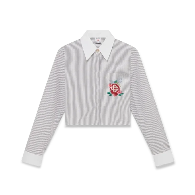 Cotton Pinstripe Embroidered Cropped Shirt Cotton Pinstripe Embroidered Cropped Shirt