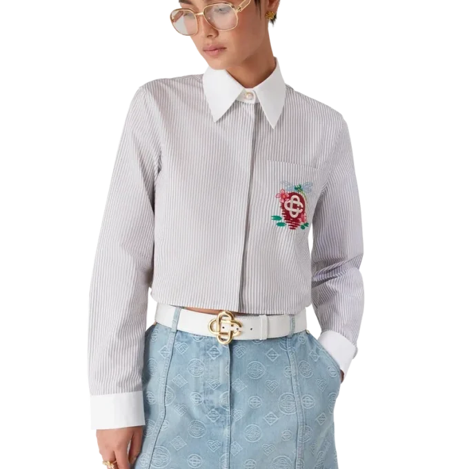 Cotton Pinstripe Embroidered Cropped Shirt Cotton Pinstripe Embroidered Cropped Shirt