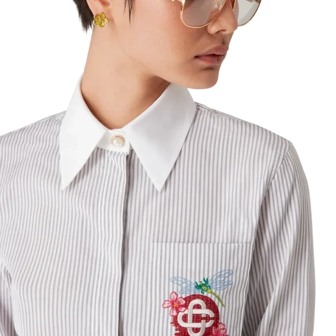 Cotton Pinstripe Embroidered Cropped Shirt Cotton Pinstripe Embroidered Cropped Shirt