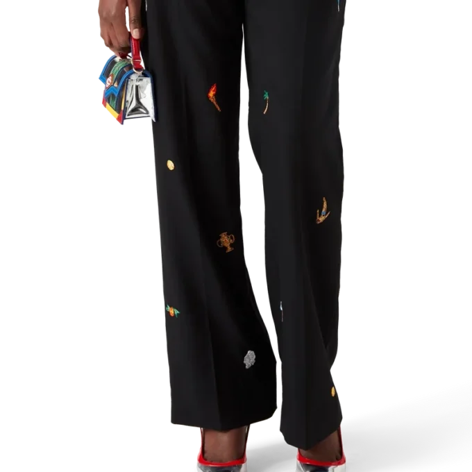Embroidered Motif Wool Tailored Trousers