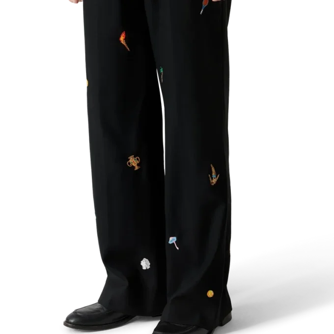 Embroidered Motif Wool Tailored Trousers