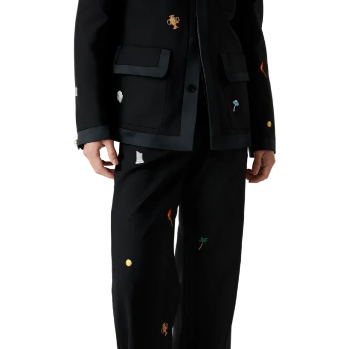 Embroidered Motif Wool Tailored Trousers