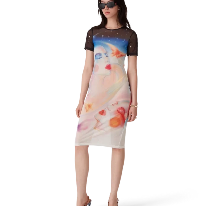 Galactic Connection Mesh Short Sleeve Dress Galactic Connection Mesh Short Sleeve Dress