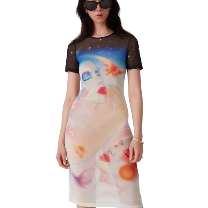 Galactic Connection Mesh Short Sleeve Dress Galactic Connection Mesh Short Sleeve Dress