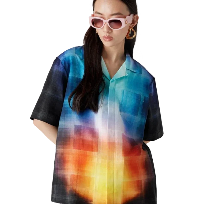 Gradient Check Viscose Blend Short Sleeve Shirt Gradient Check Viscose Blend Short Sleeve Shirt
