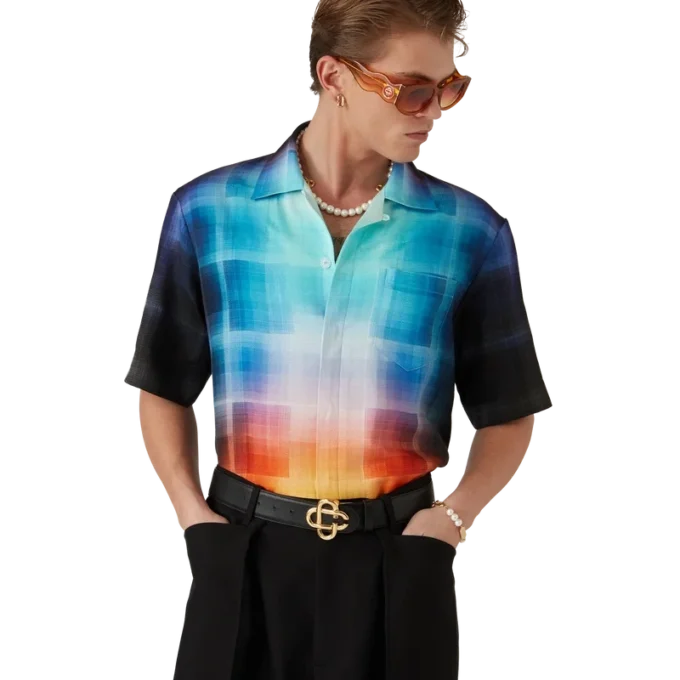 Gradient Check Viscose Blend Short Sleeve Shirt Gradient Check Viscose Blend Short Sleeve Shirt
