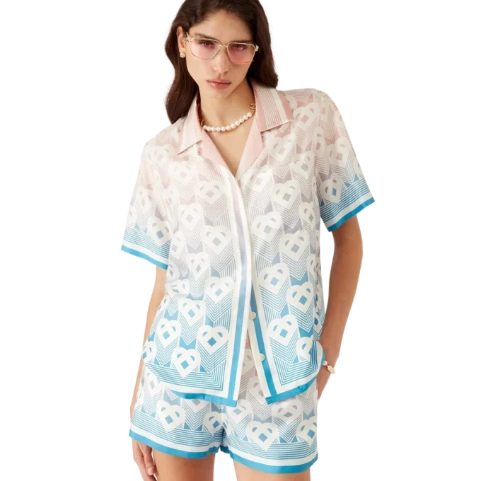 Gradient Heart Monogram Silk Short Sleeve Shirt Gradient Heart Monogram Silk Short Sleeve Shirt