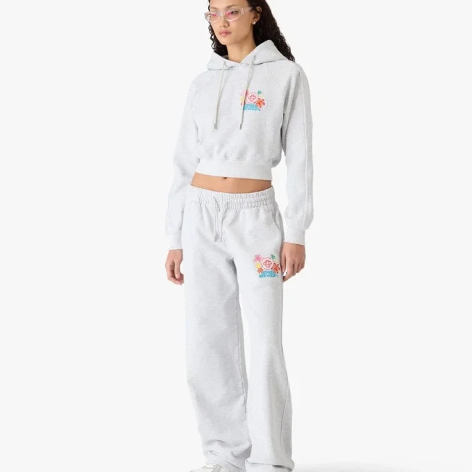 Grey Embroidered Cropped Hooded Sweatshirt
