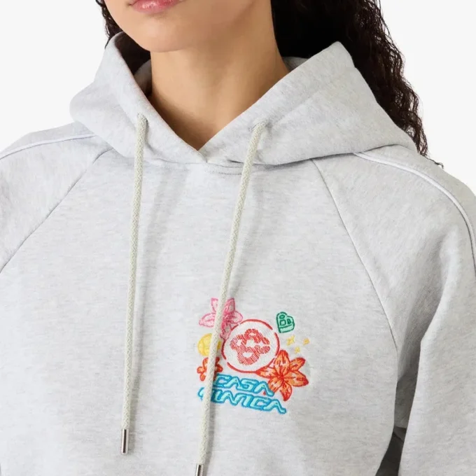 Grey Embroidered Cropped Hooded Sweatshirt