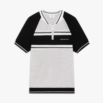 Metallic Mesh Stripe Zip Short Sleeve Polo Shirt