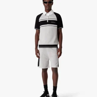 Metallic Mesh Stripe Zip Short Sleeve Polo Shirt