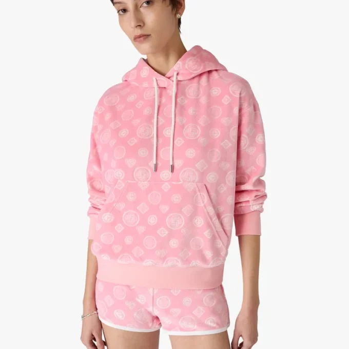 Pink Velour Monogram Hooded Sweatshirt