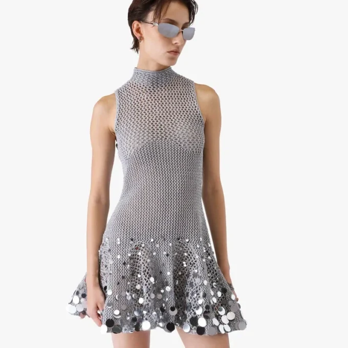 Silver Crochet Mirror Mini Dress Silver Crochet Mirror Mini Dress