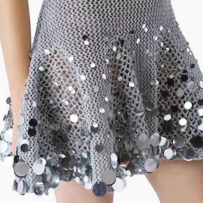 Silver Crochet Mirror Mini Dress Silver Crochet Mirror Mini Dress