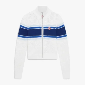 White & Blue Striped Mesh Bomber Jacket White & Blue Striped Mesh Bomber Jacket