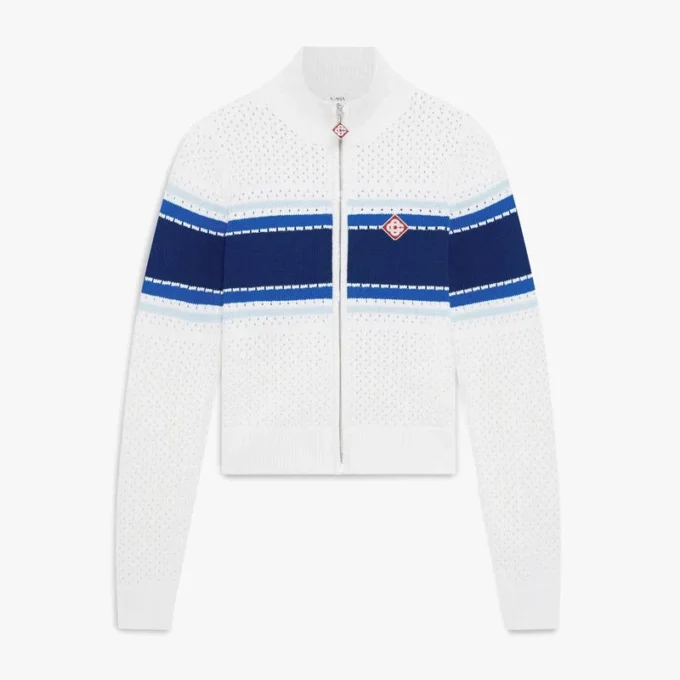 White & Blue Striped Mesh Bomber Jacket White & Blue Striped Mesh Bomber Jacket