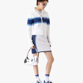 White & Blue Striped Mesh Bomber Jacket White & Blue Striped Mesh Bomber Jacket