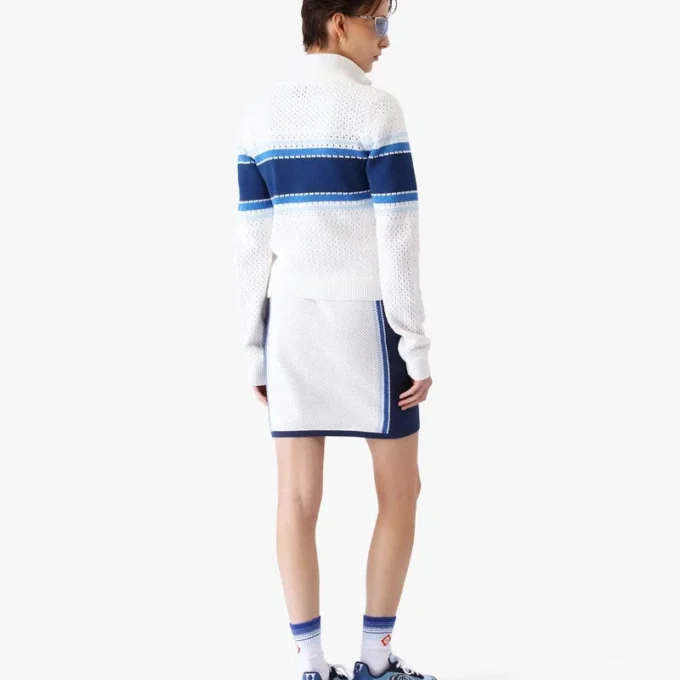 White & Blue Striped Mesh Bomber Jacket White & Blue Striped Mesh Bomber Jacket