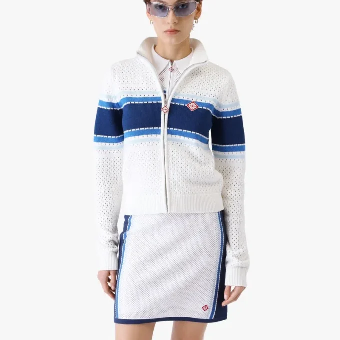 White & Blue Striped Mesh Bomber Jacket White & Blue Striped Mesh Bomber Jacket