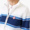 White & Blue Striped Mesh Bomber Jacket White & Blue Striped Mesh Bomber Jacket