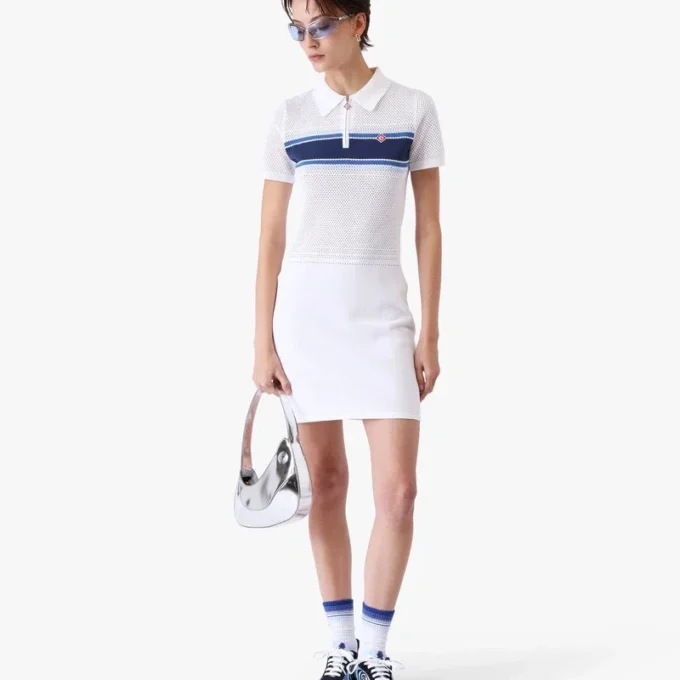 White & Blue Striped Mesh Midi Dress White & Blue Striped Mesh Midi Dress