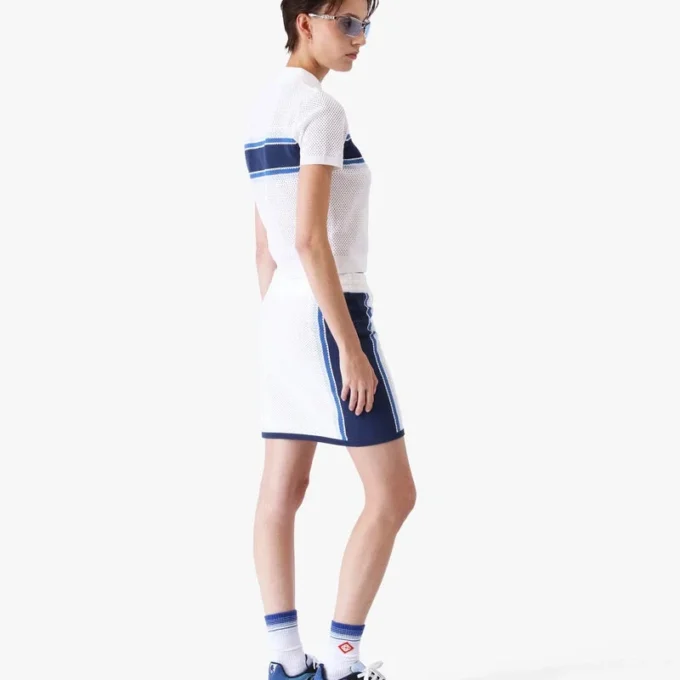 White & Blue Striped Mesh Mini Skirt