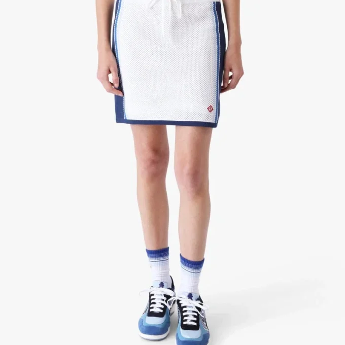 White & Blue Striped Mesh Mini Skirt
