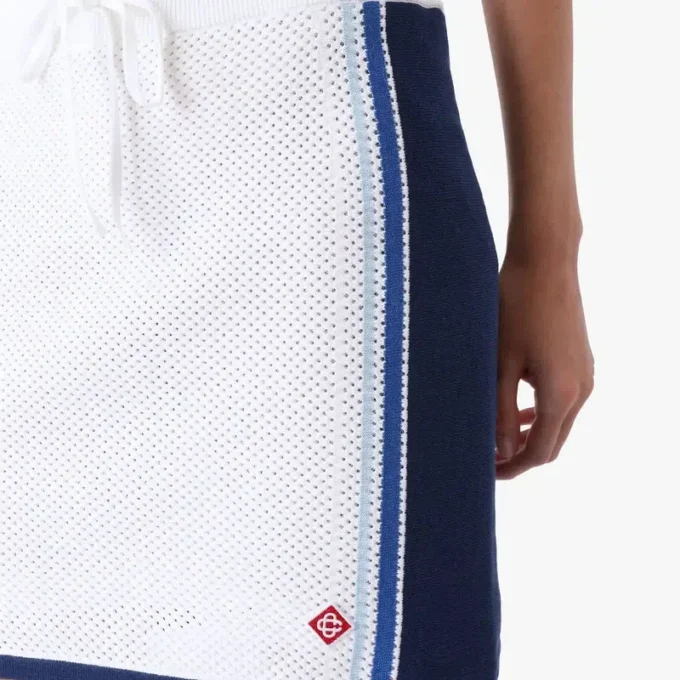 White & Blue Striped Mesh Mini Skirt
