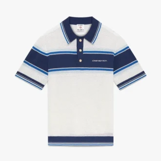 White & Blue Striped Mesh Short Sleeve Polo Shirt