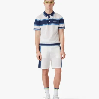 White & Blue Striped Mesh Short Sleeve Polo Shirt