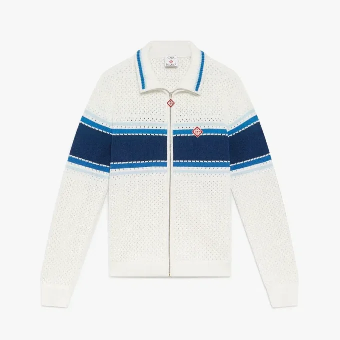 White & Blue Striped Mesh Track Jacket