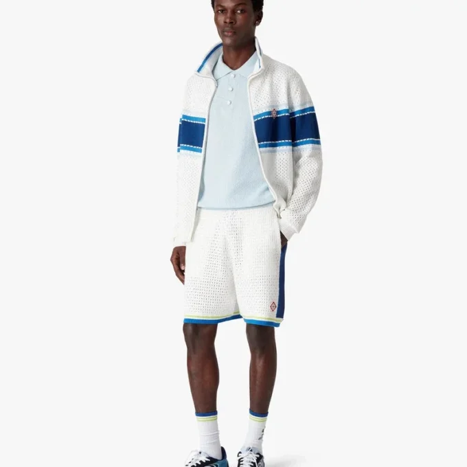 White & Blue Striped Mesh Track Jacket
