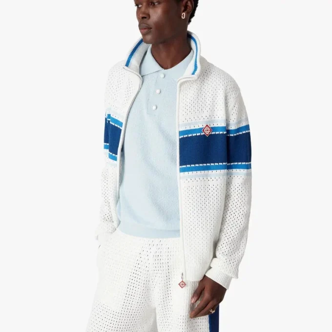 White & Blue Striped Mesh Track Jacket