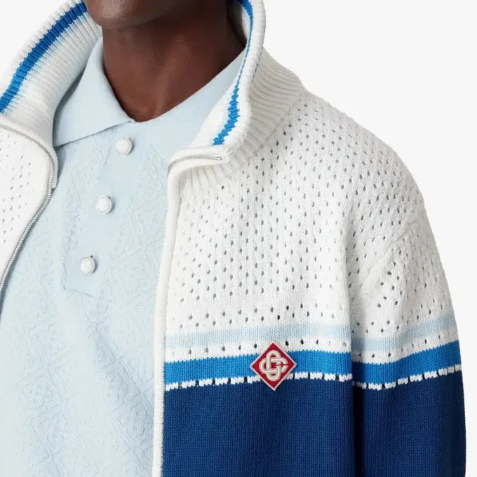 White & Blue Striped Mesh Track Jacket