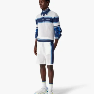 White & Blue Striped Mesh Track Shorts