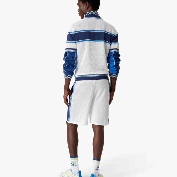 White & Blue Striped Mesh Track Shorts