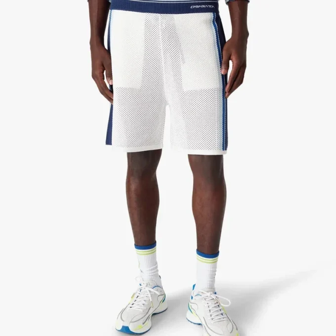 White & Blue Striped Mesh Track Shorts